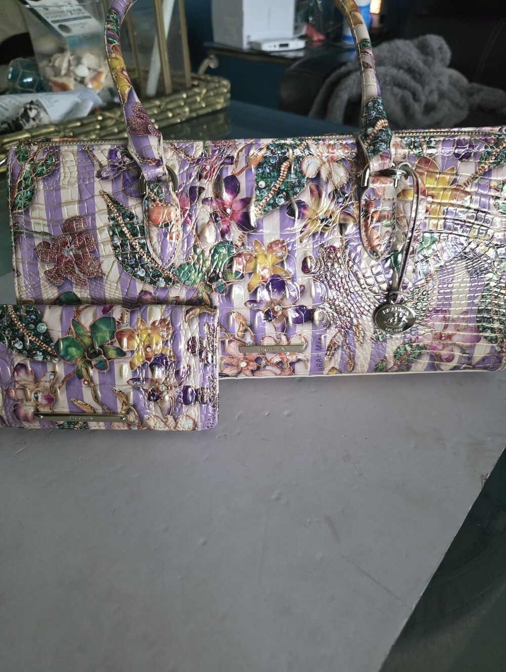 New Brahmin Sophia Set Floral Embossed Purple Multi-Color